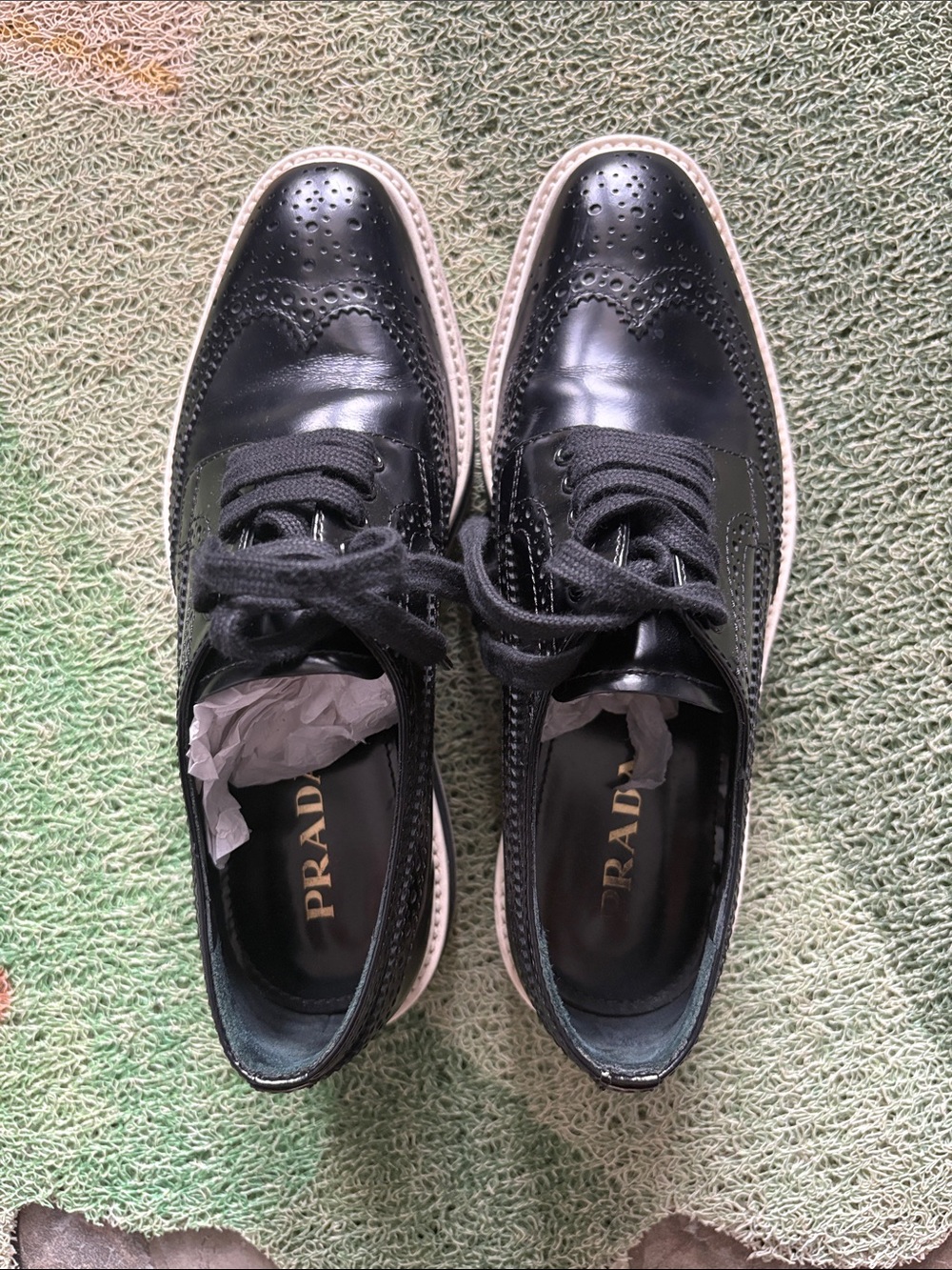 Prada Black Leather Brogue-Style Ankle Boots with White Trim